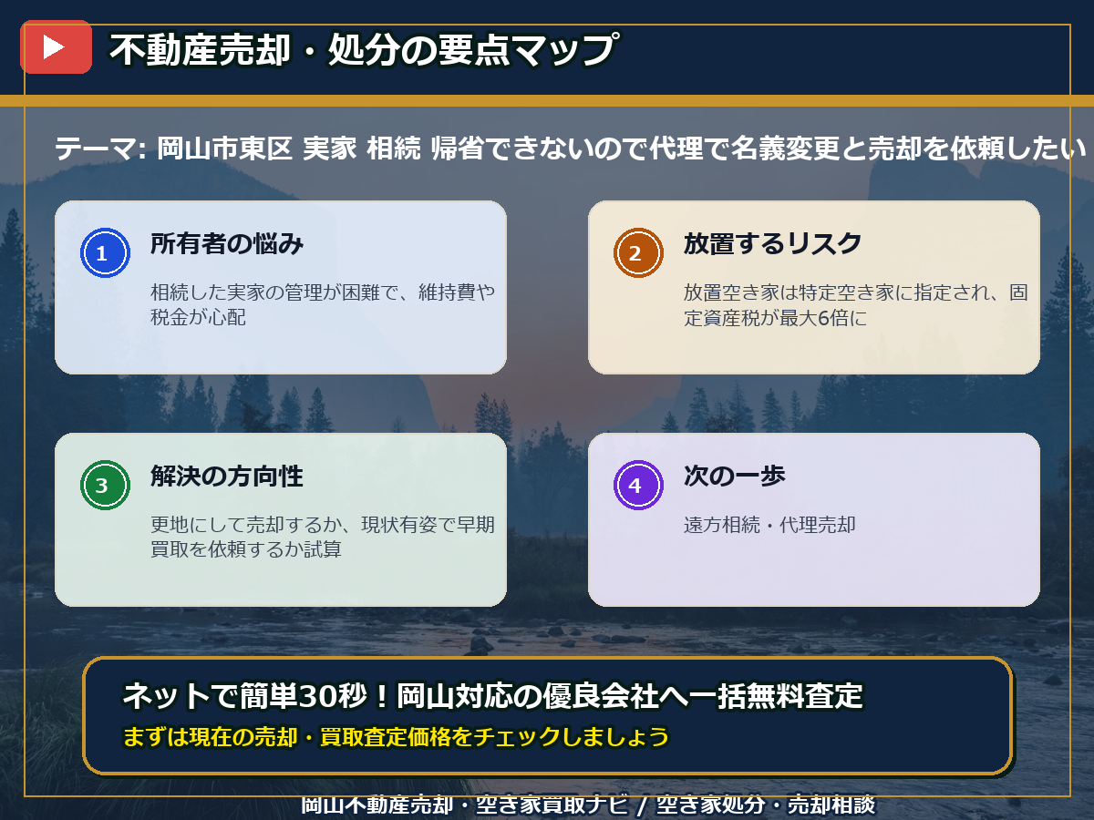 岡山市東区 実家 相続 帰省できないので代理で名義変更と売却を依頼したい infographic