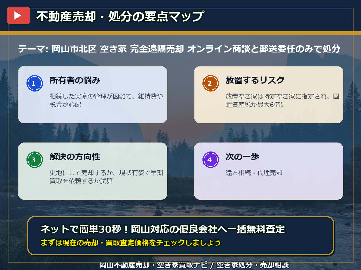 岡山市北区 空き家 完全遠隔売却 オンライン商談と郵送委任のみで処分 infographic