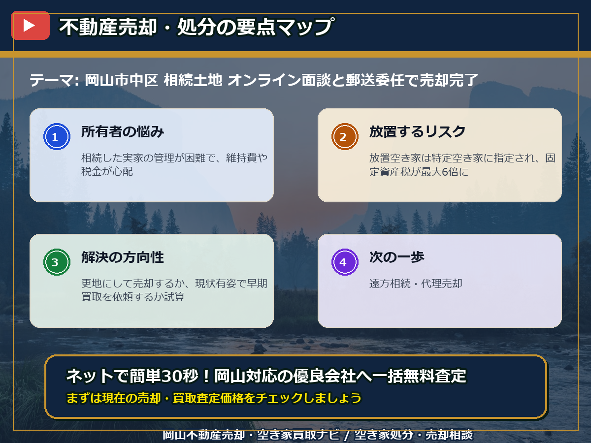 岡山市中区 相続土地 オンライン面談と郵送委任で売却完了 infographic